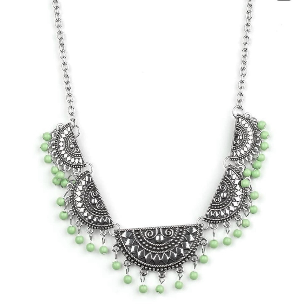 Silver-Tone Boho Filigree Necklace with Mint Green Beads